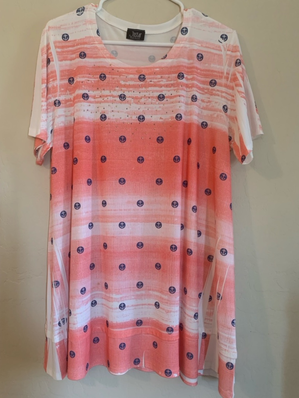 Nautical Coral Striped Tunic Top Striped Anchors and Sparkles Size XL